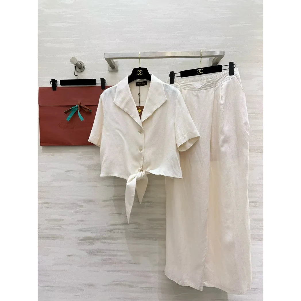 Tie-Front Blouse and Wide-Leg Pants Set — Ivory