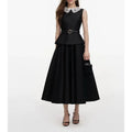 Fit-and-Flare Midi Dress with Floral Appliqué — Black / White