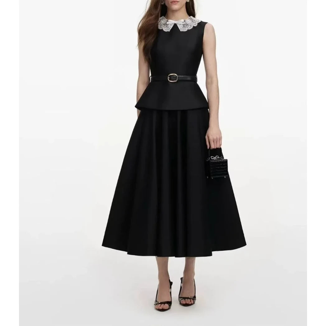 Fit-and-Flare Midi Dress with Floral Appliqué — Black / White