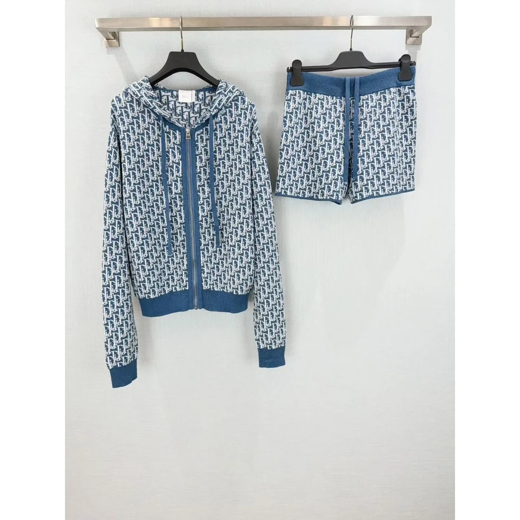 Dior Oblique Knit Hoodie and Shorts Set — Navy / White