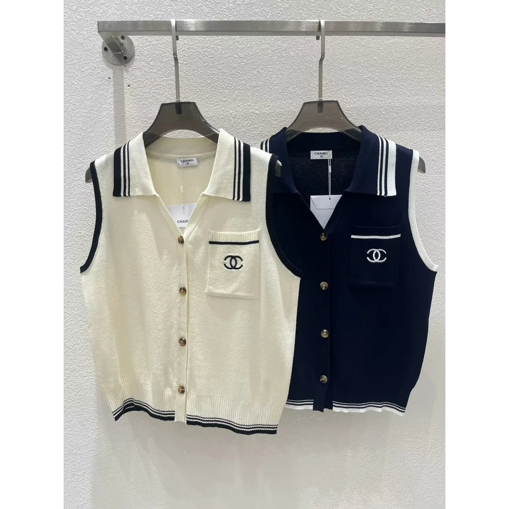 Chanel Button-Front Knit Vest Top — Ivory with Navy Trim, Navy with Ivory Trim