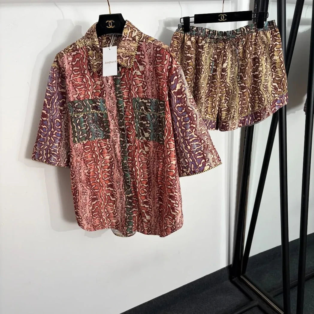 Geometric-Print Shirt and Shorts Set — Brown / Multicolor