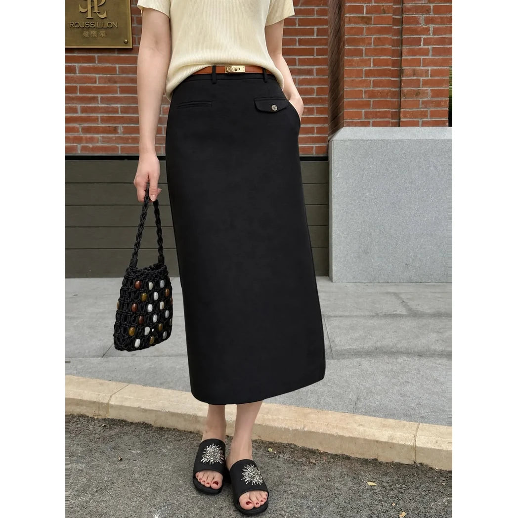 Belted Midi Pencil Skirt — Black