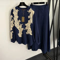 Lace-Appliqué Tunic and Wide-Leg Pants Set — Navy / Ivory