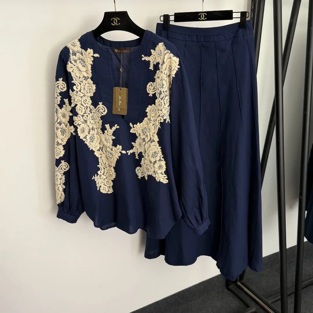 Lace-Appliqué Tunic and Wide-Leg Pants Set — Navy / Ivory