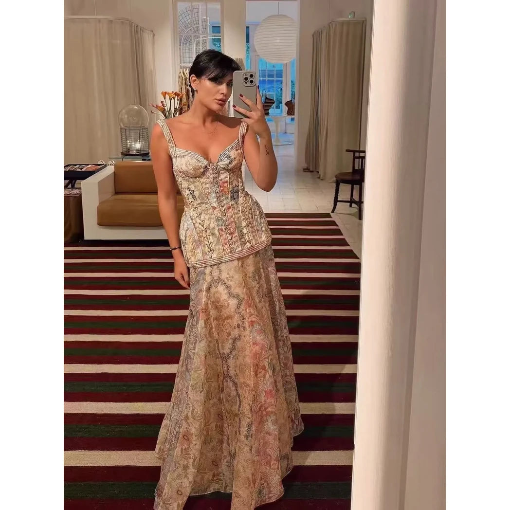 Floral Sequin Maxi Dress — Gold / Beige