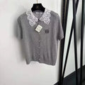 Loewe Anagram Lace-Collar Knit Polo Top — Gray / White