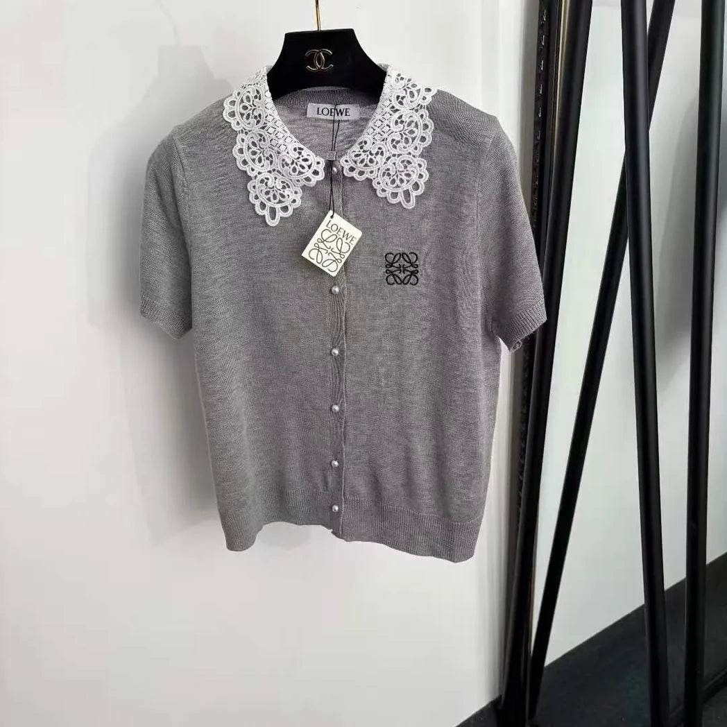Loewe Anagram Lace-Collar Knit Polo Top — Gray / White