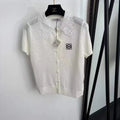 Loewe Anagram Lace-Collar Knit Polo Cardigan — Ivory