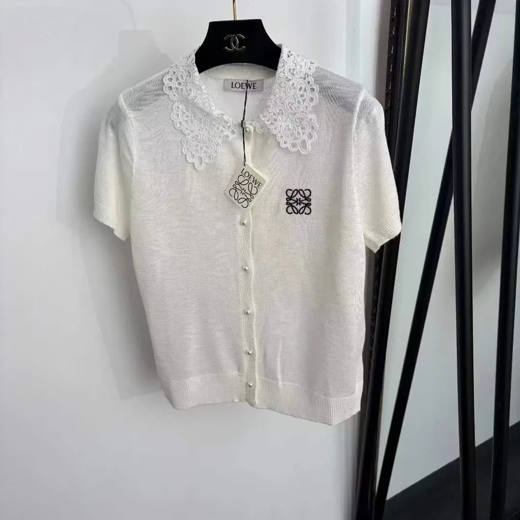 Loewe Anagram Lace-Collar Knit Polo Cardigan — Ivory