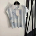 Dior Cap-Sleeve Knit Polo Top — Pale Blue