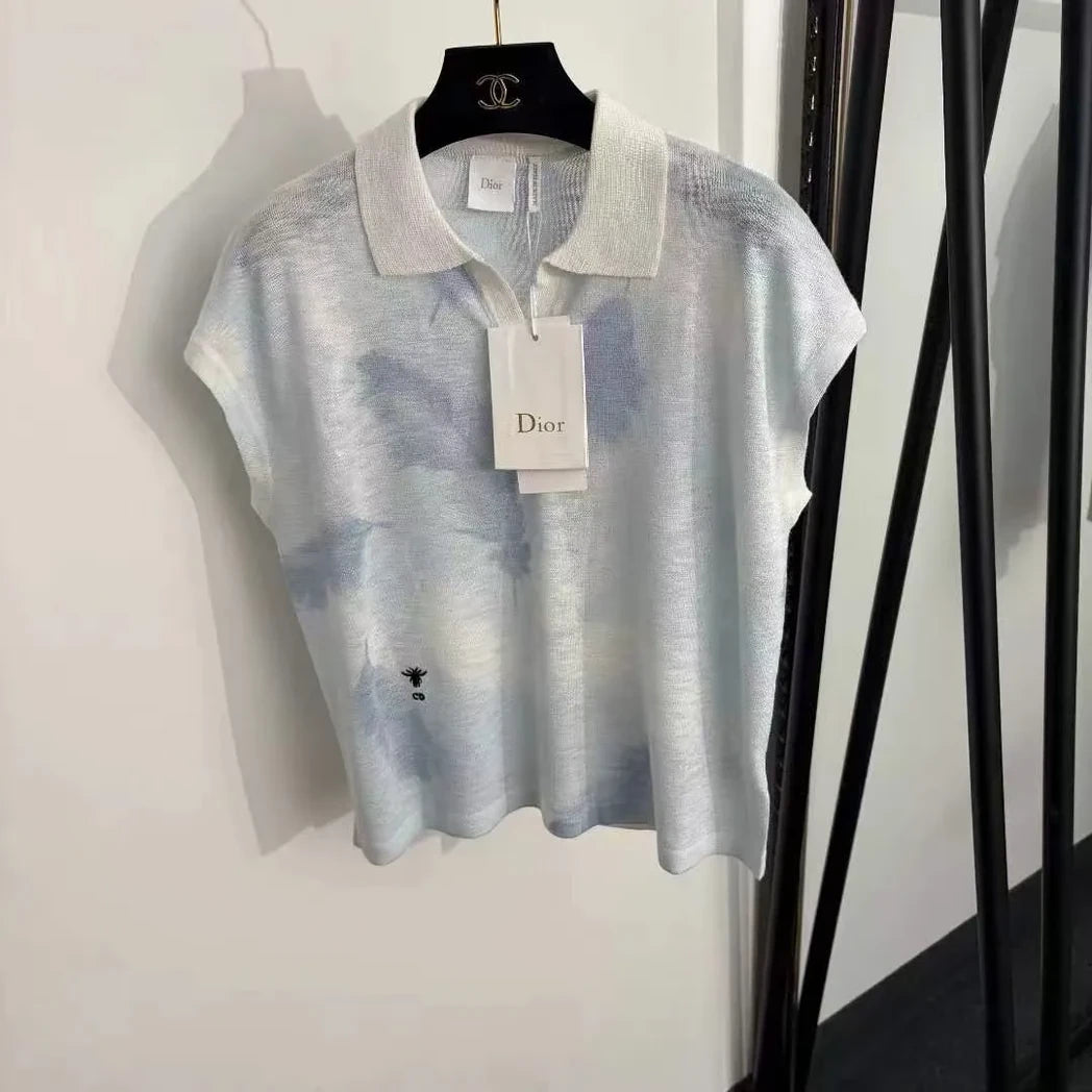 Dior Cap-Sleeve Knit Polo Top — Pale Blue