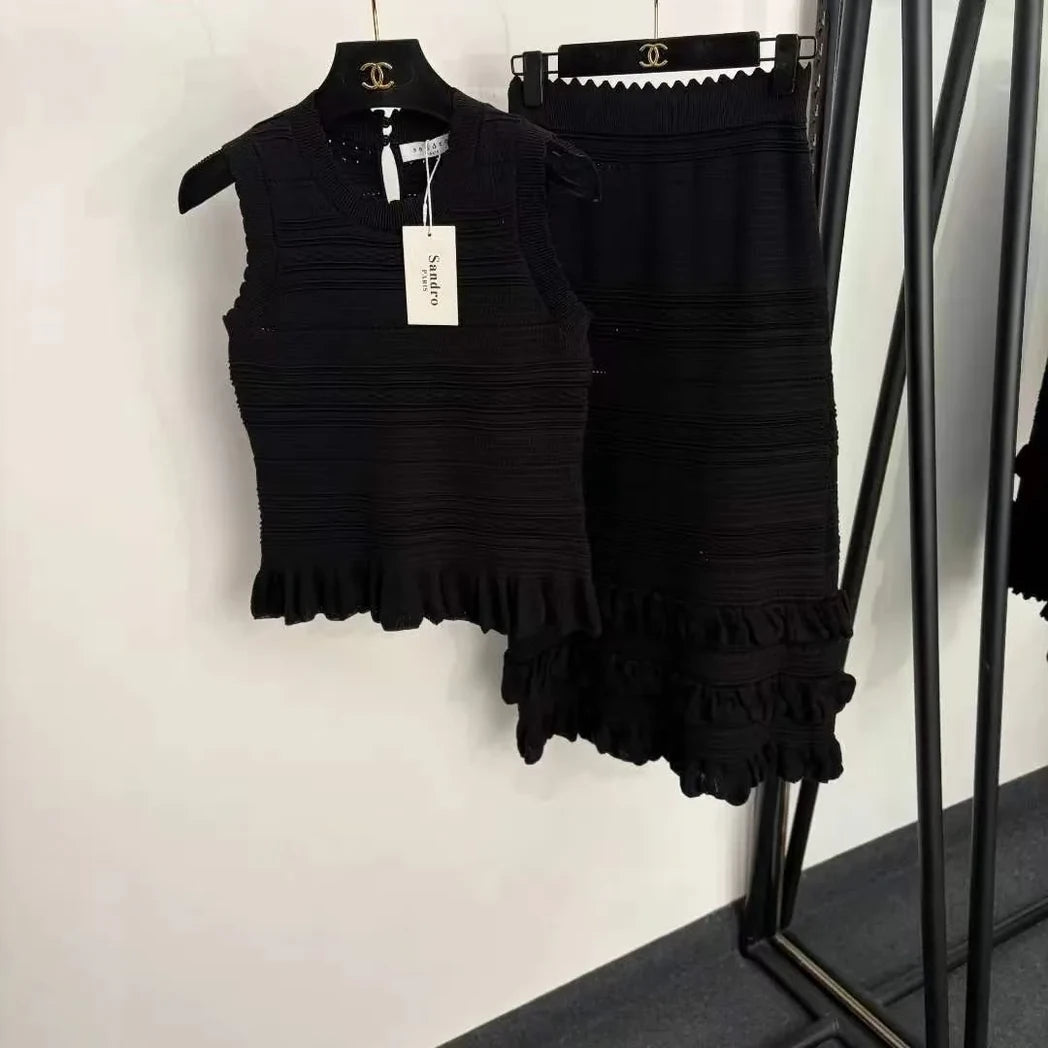 Sandro Lace-Fringe Knit Top and Pants Set — Black