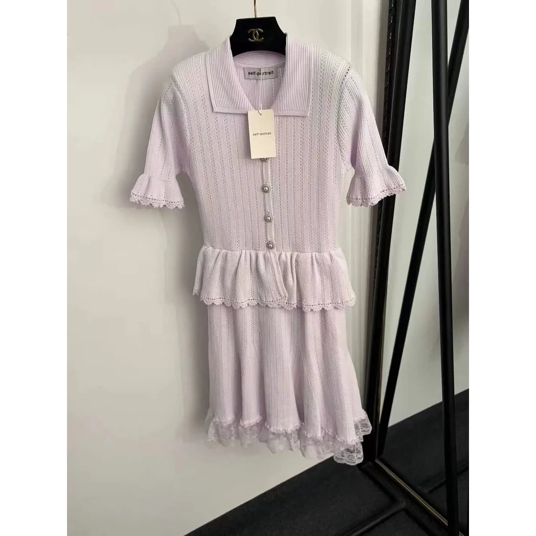 Self-Portrait Knit Polo Tiered Mini Dress — Lavender