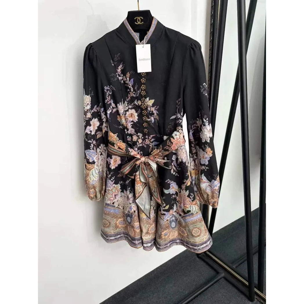 Zimmermann Floral Satin Kimono and Shorts Set — Black / Multicolor