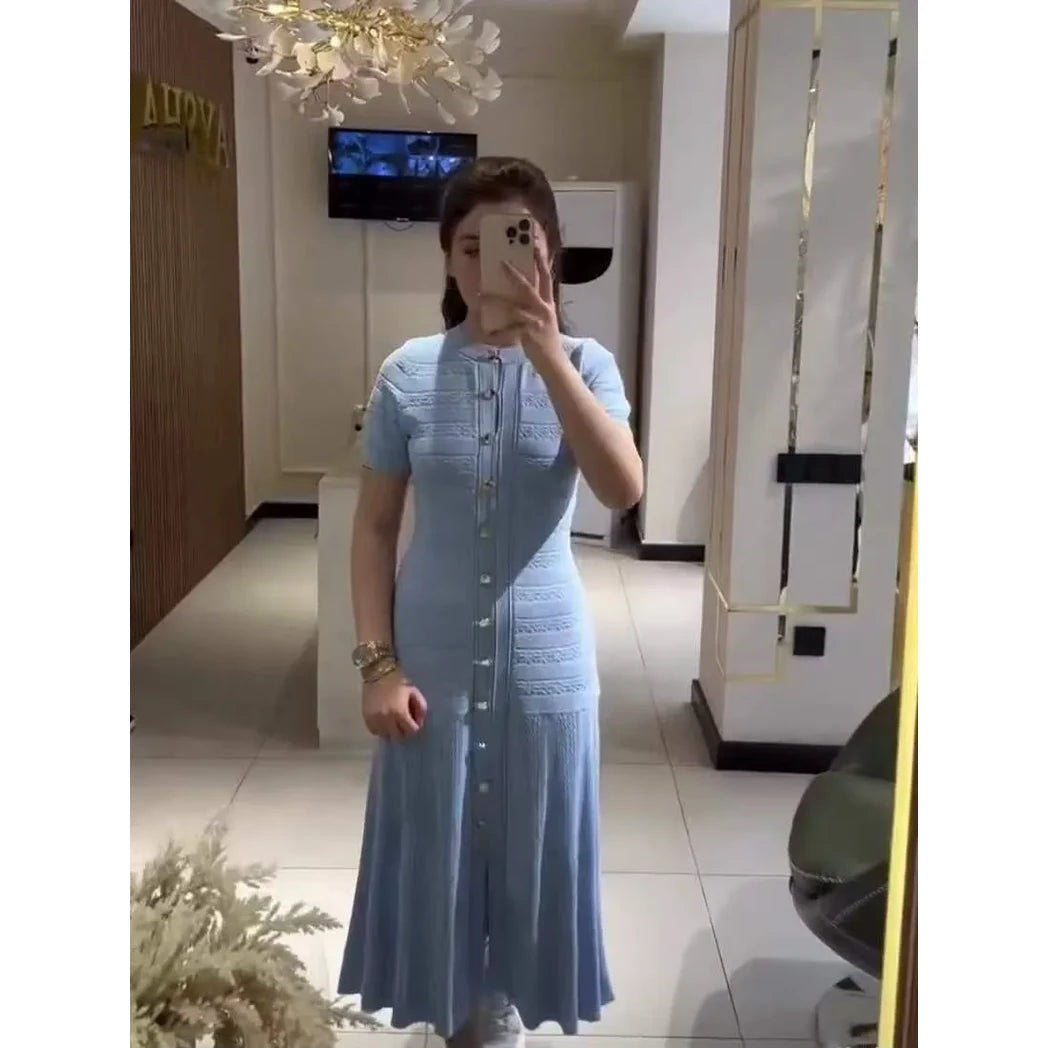 Button-Front Midi Dress with Silver-Tone Hardware — Powder Blue