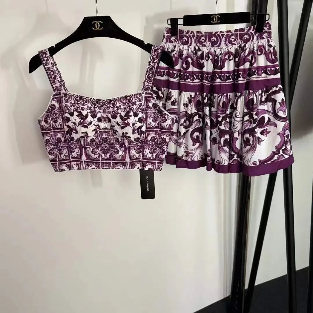 Dolce & Gabbana Majolica-Print Crop Top and Skirt Set — Purple / White