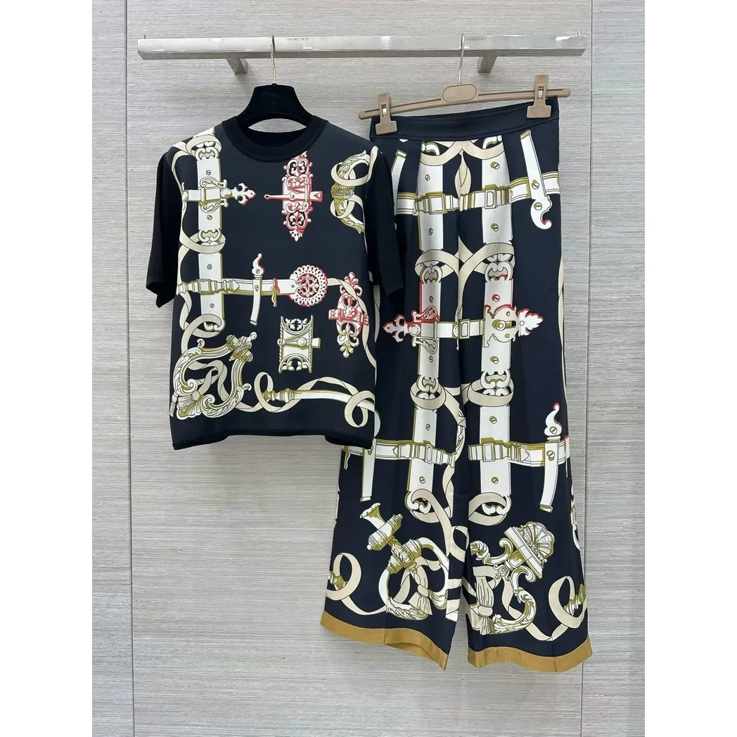 Chain-Print Short-Sleeve Top and Wide-Leg Pants Set — Navy / Multicolor