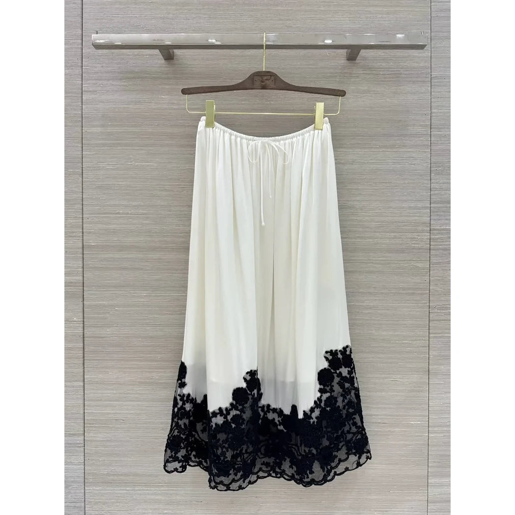 Maxi Skirt with Black Lace Hem — Ivory / Black