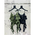 Saint Laurent Ruffle Camisole and Lace Bottom Set — Black, Olive
