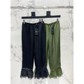 Saint Laurent Cropped Pants with Lace Hem — Black, Olive