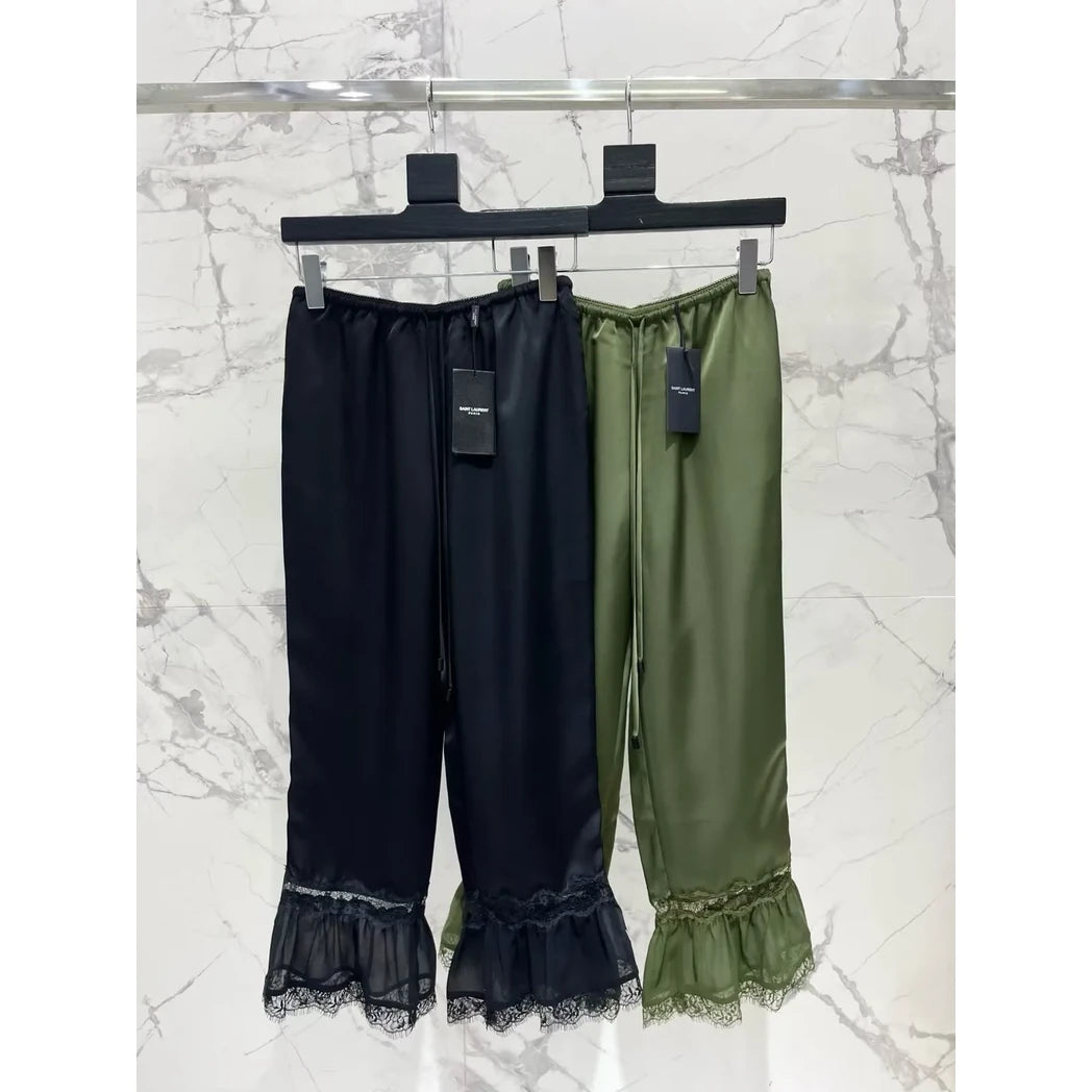 Saint Laurent Cropped Pants with Lace Hem — Black, Olive