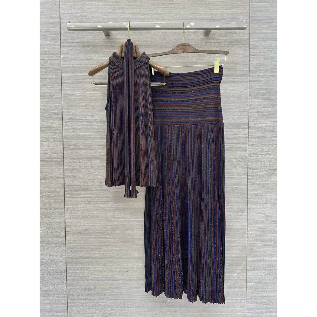 Striped Long-Sleeve Top and Maxi Skirt Set — Purple / Multicolor