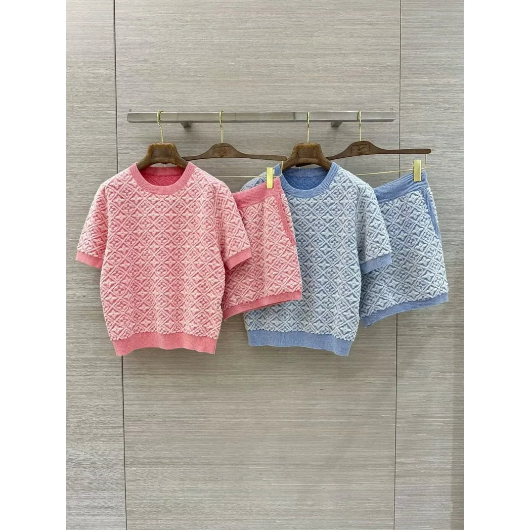 Geometric Knit Top and Shorts Set — Pink, Powder Blue