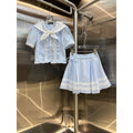 Self-Portrait Lace-Trim Blouse and Pleated Mini Skirt Set — Powder Blue / White