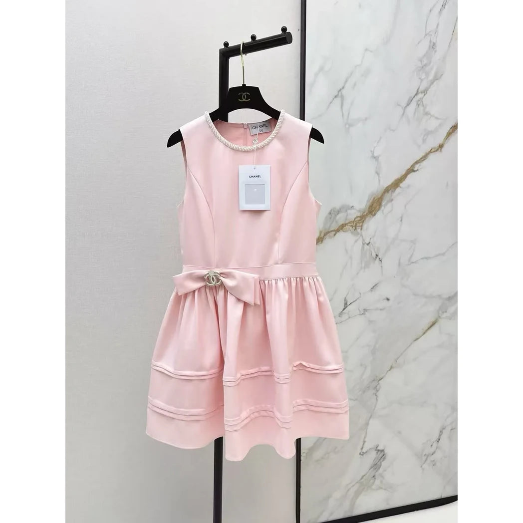 Chanel Bow-Belt Sleeveless Ruffle Mini Dress — Blush Pink