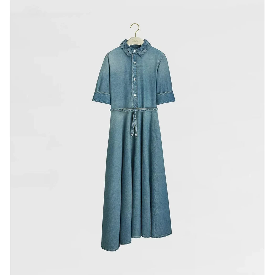 Dior Denim Belted Maxi Shirt Dress — Teal Denim