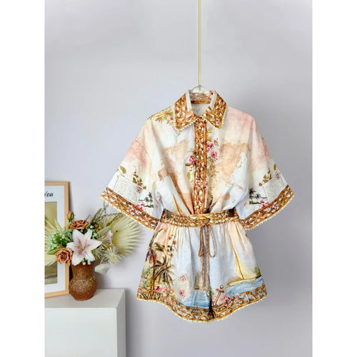 Printed Kimono and Shorts Set — Ivory / Multicolor