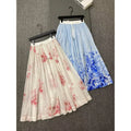 Floral-Border Pleated Midi Skirt — Ivory / Blue Floral, Ivory / Red Floral