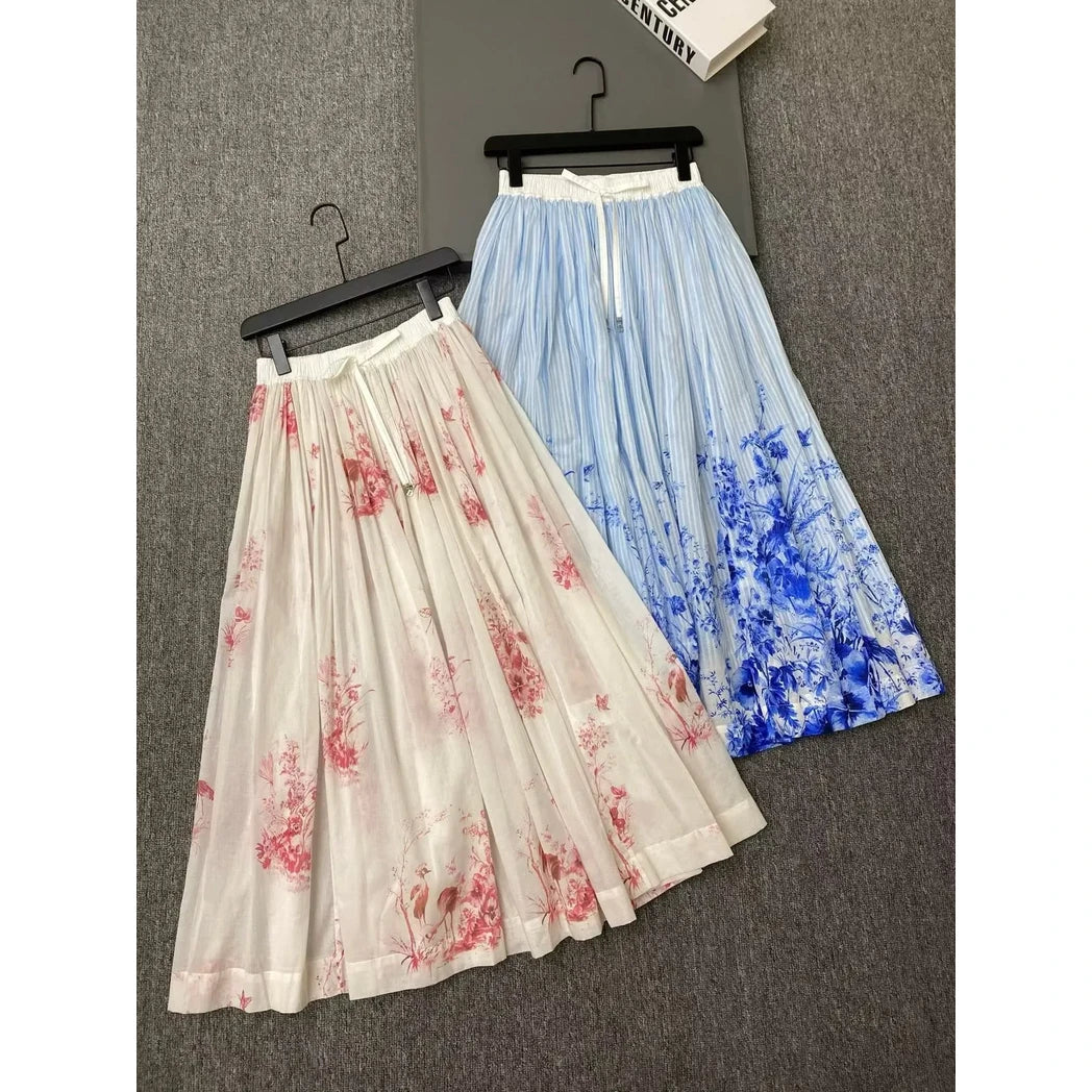 Floral-Border Pleated Midi Skirt — Ivory / Blue Floral, Ivory / Red Floral